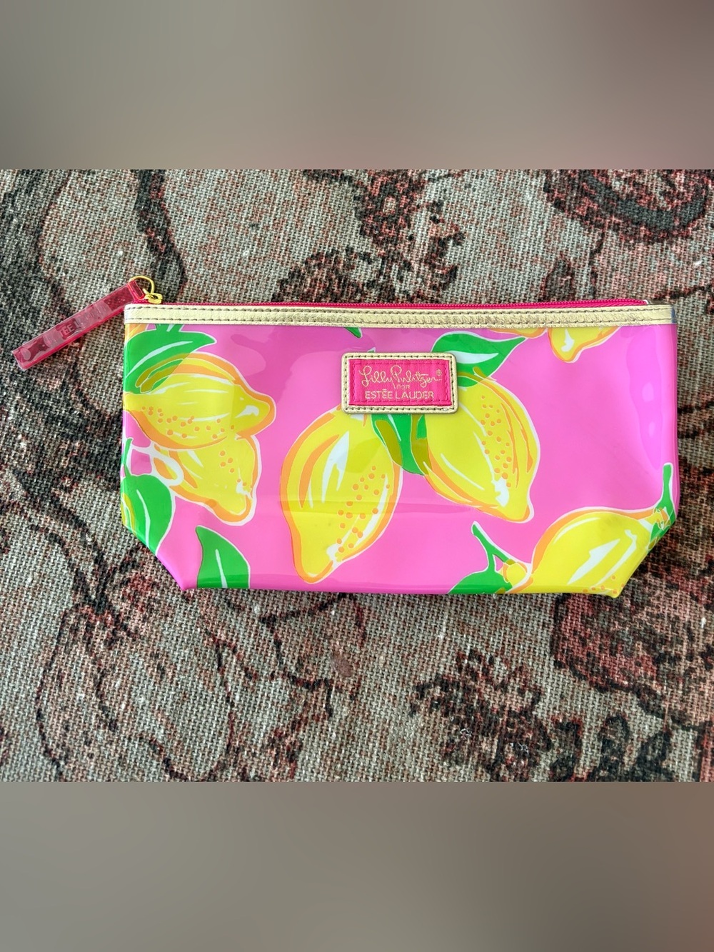 Lily Pulitzer for Estée Lauder Cosmetic Make Up Bag Hot Pink Lemons Citrus